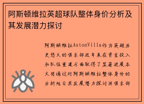 阿斯顿维拉英超球队整体身价分析及其发展潜力探讨
